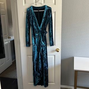 Crushed Velvet Teal Dress